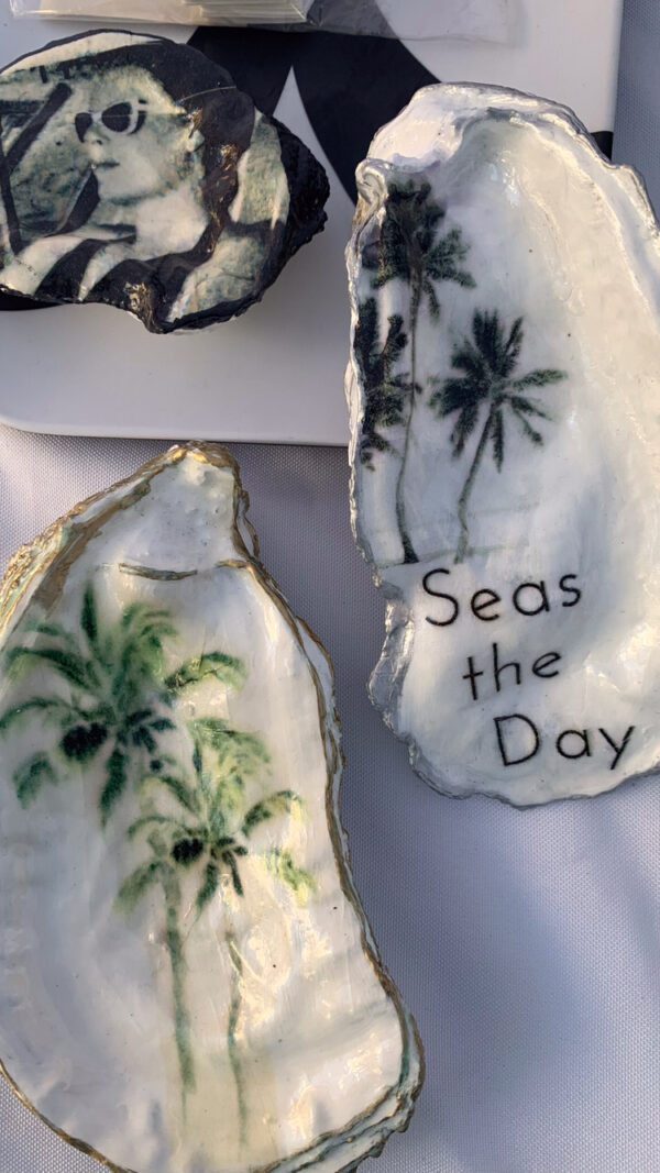 Tropical Green Palms- Oyster Shell For home decor accent, keepsake, or jewelry tray. 